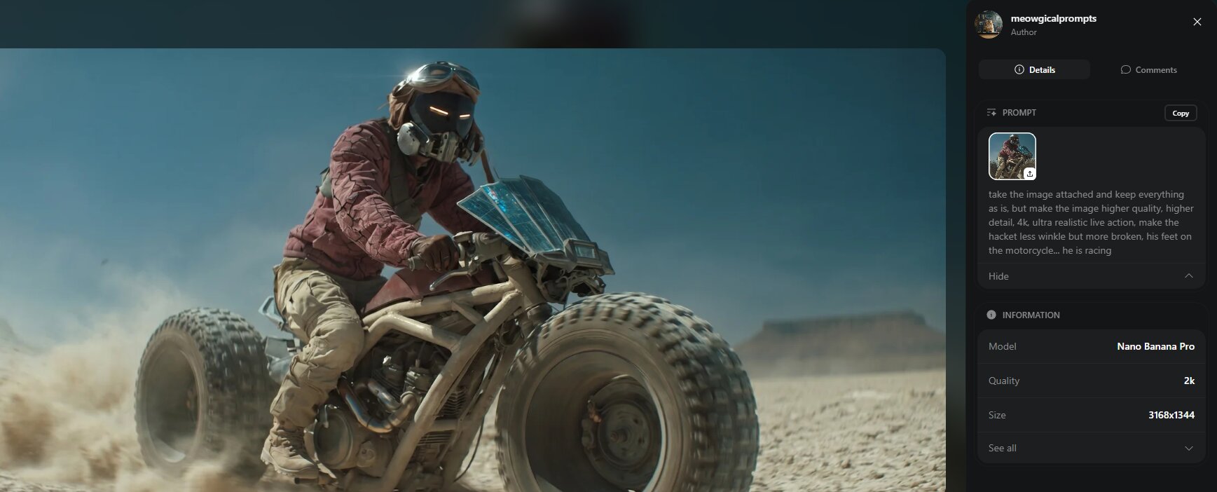 The Nano Banana Pro 2K upscale of the hero shot, with the Higgsfield interface visible on the right