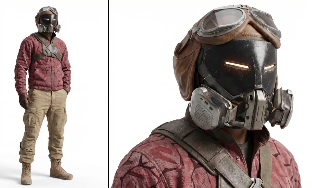 Character sheet for the Rider — full body shot on the left, close-up of the masked face on the right