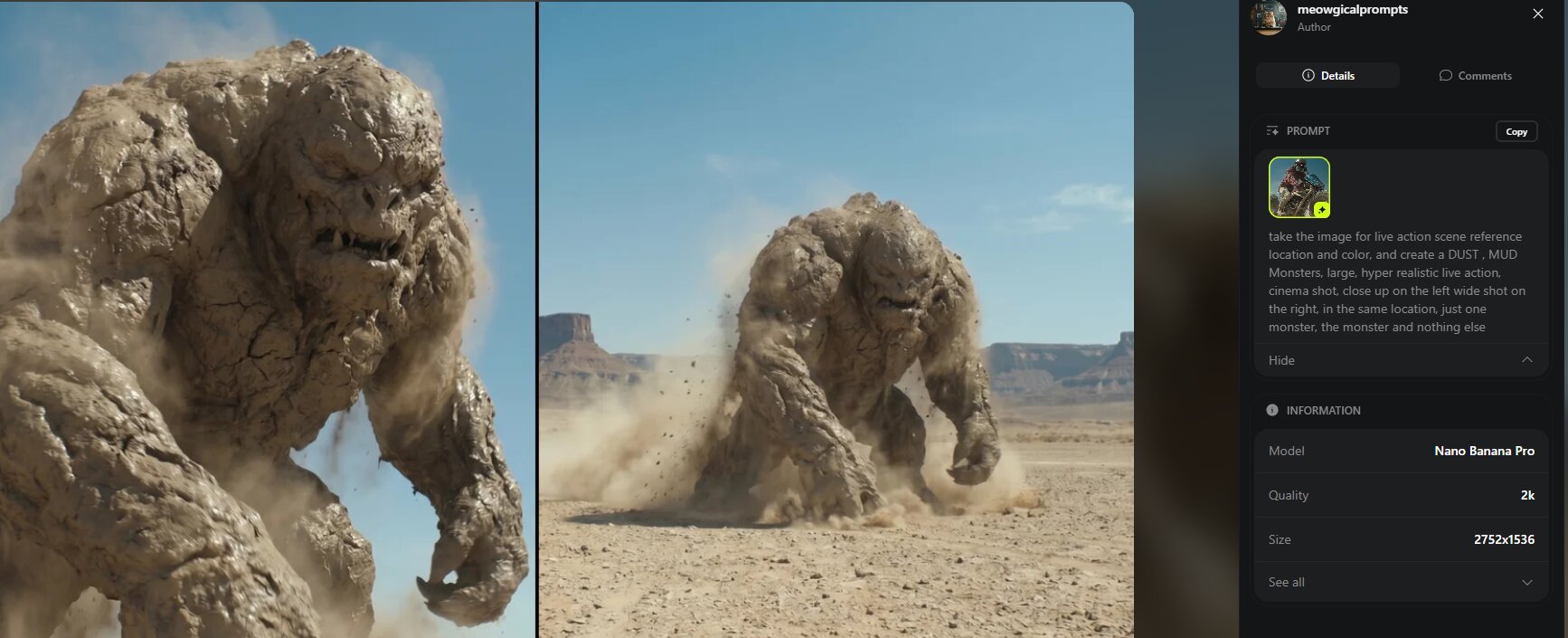 Character sheet for the Mud Monster — close-up on the left, wide shot on the right, inside the Nano Banana interface