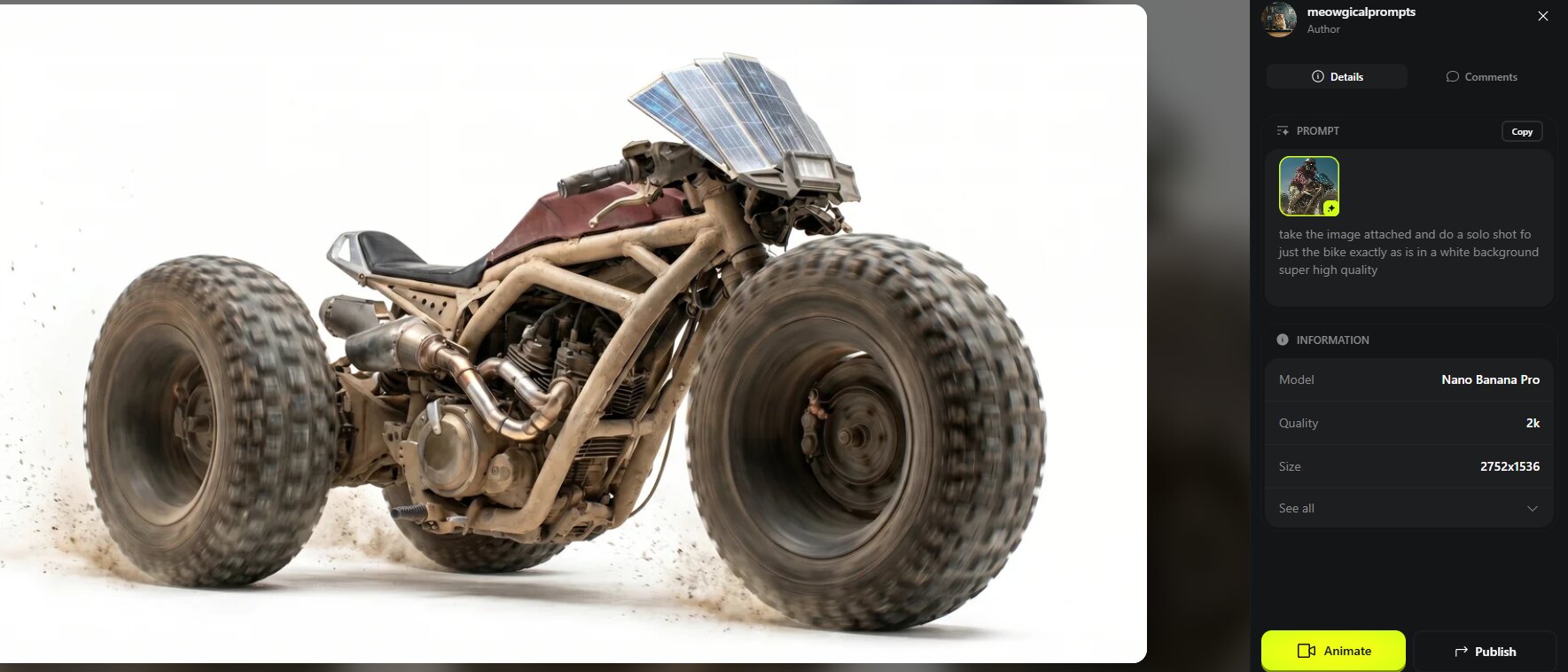 The prototype motorcycle isolated on a white background, high detail