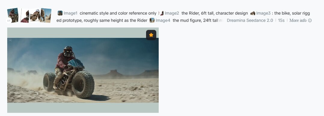 Seedance 2 still — the Rider riding across the salt flats, dust trailing behind