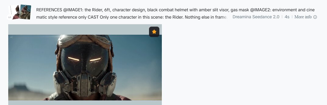 Seedance 2 still — tight close up on the Rider's masked face, amber visor glowing