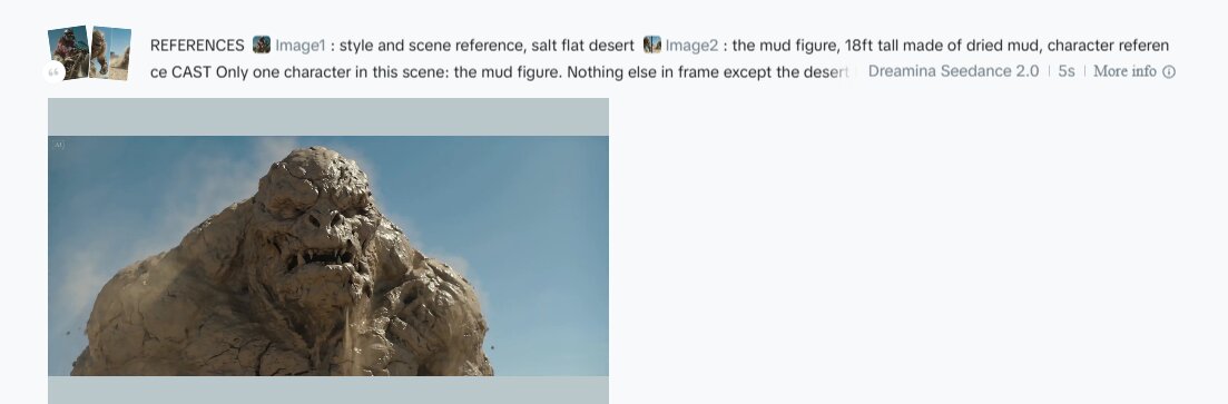 Seedance 2 still — tight frontal close-up on the Mud Figure's head and shoulders