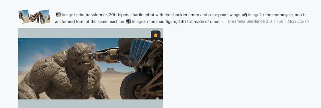 Seedance 2 still — the Mech and Dust Colossus clashing in the salt flat